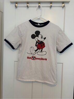 Disney White Ringer Tee with Navy Trim and Red Mickey Graphic